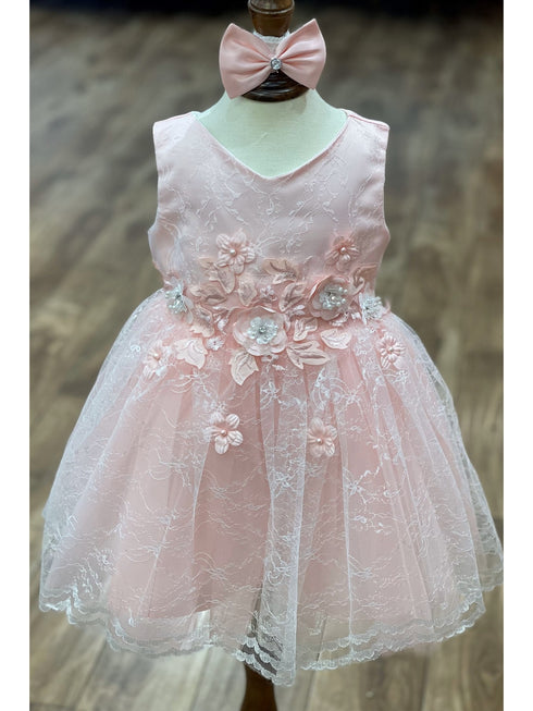 Baby Girls Lala & Erina Pink Lace Satin Flower Girl Dress 3-24M front